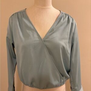 A New Day Green Silk Wrap Blouse with Relaxed Fit
